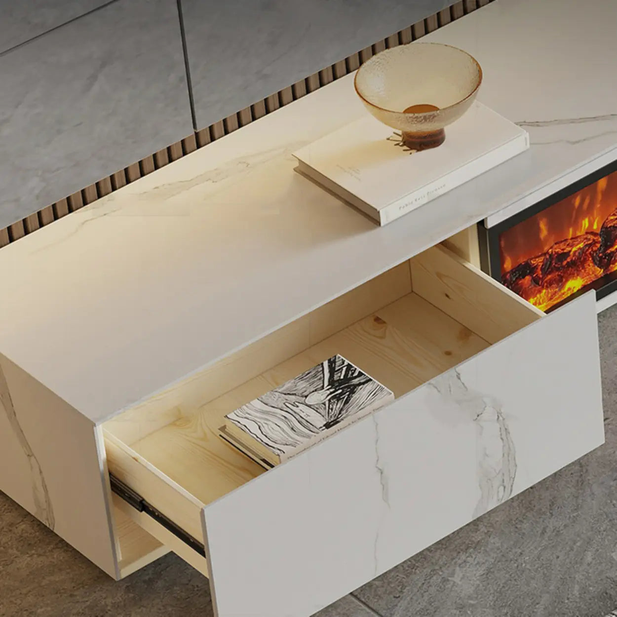 Modern Marble TV Stand Fireplace with Drawers — White