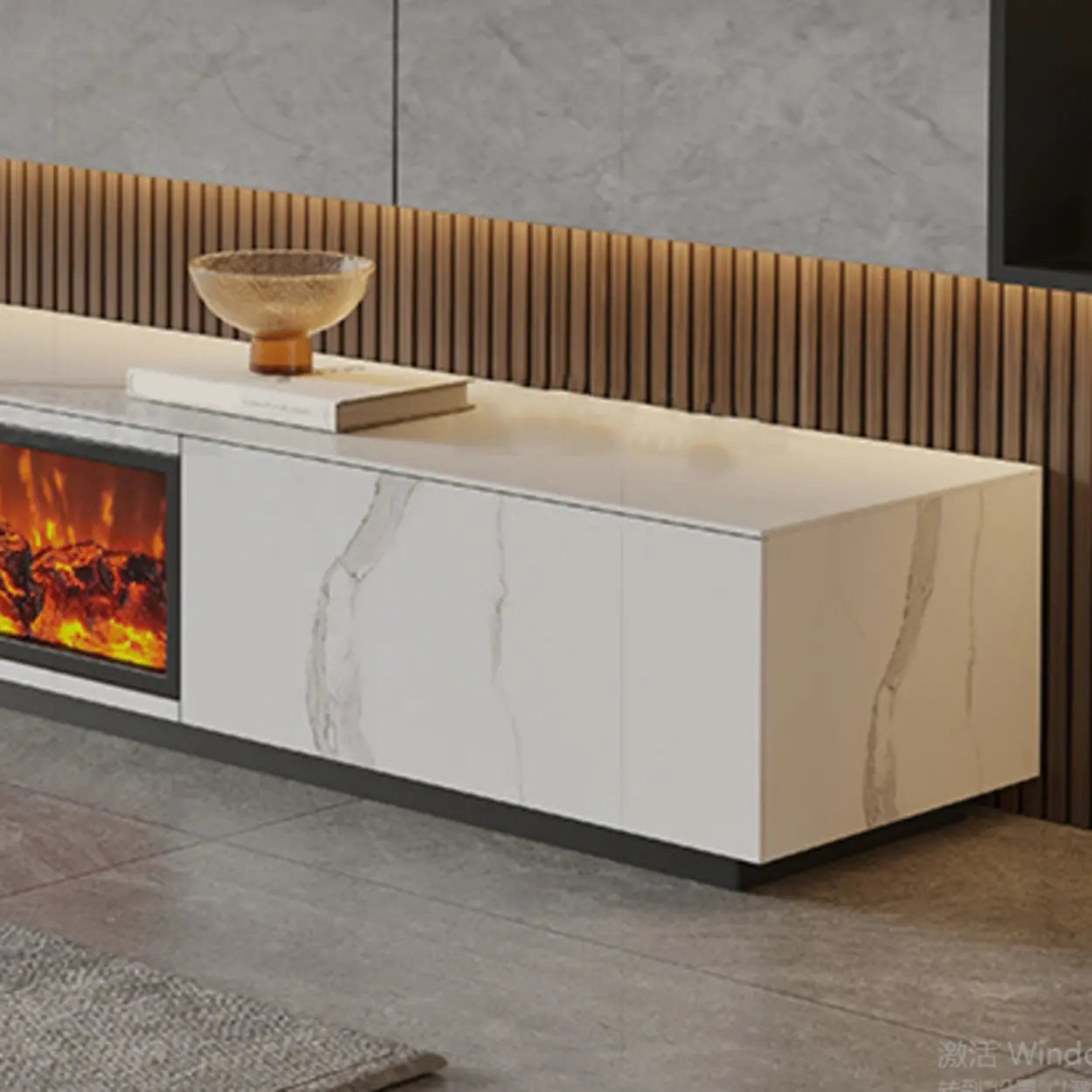 Modern Marble TV Stand Fireplace with Drawers
