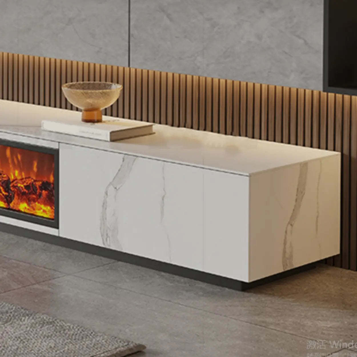 Modern Marble TV Stand Fireplace with Drawers