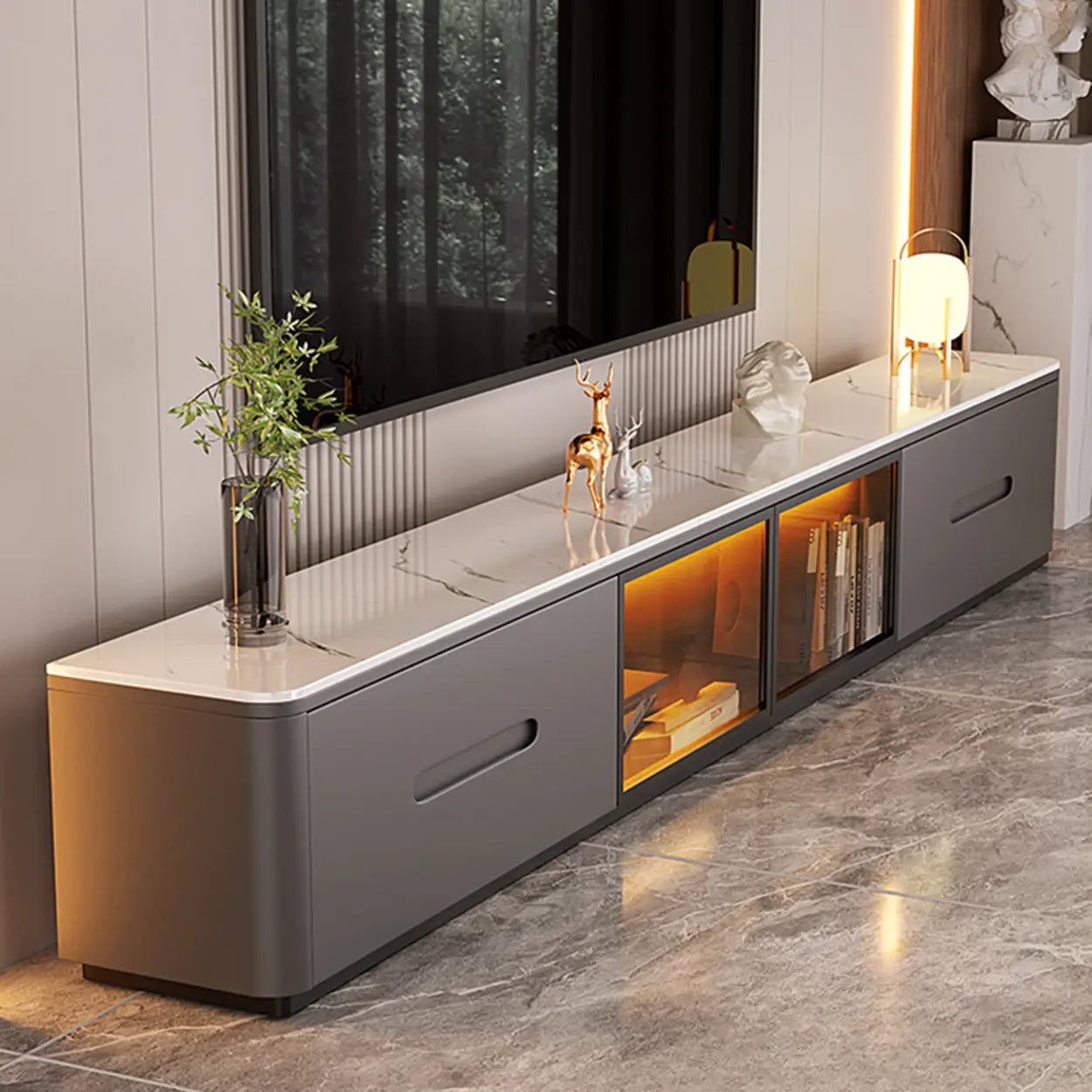 Modern Marble-Wood TV Stand with LED