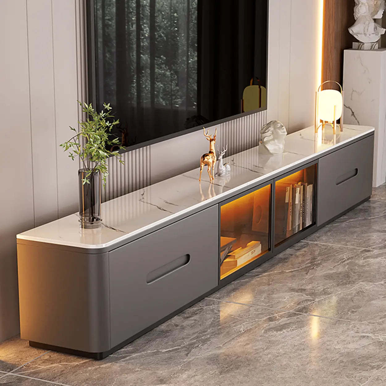 Modern Marble-Wood TV Stand with LED — White-Gray