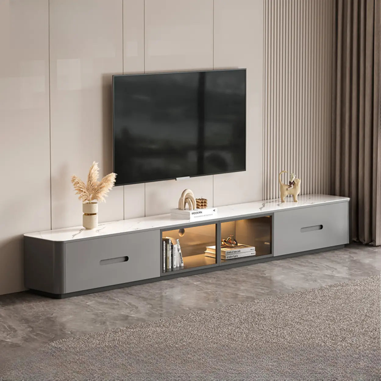 Modern Marble-Wood TV Stand with LED — Bright White/ Gray