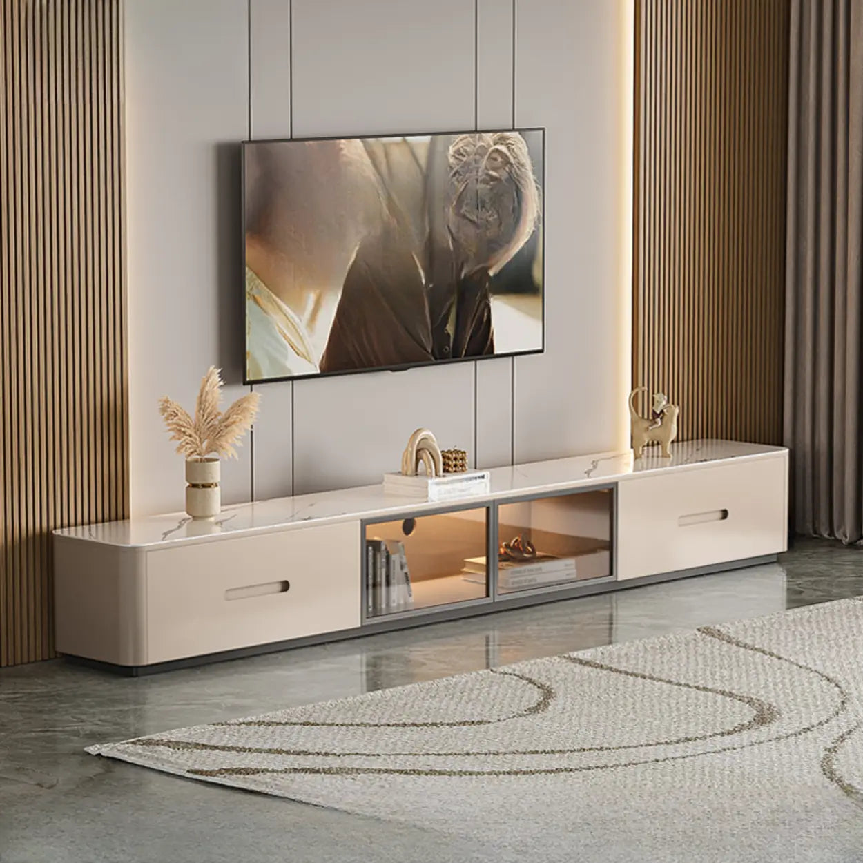 Modern Marble-Wood TV Stand with LED — Khaki/ Gray