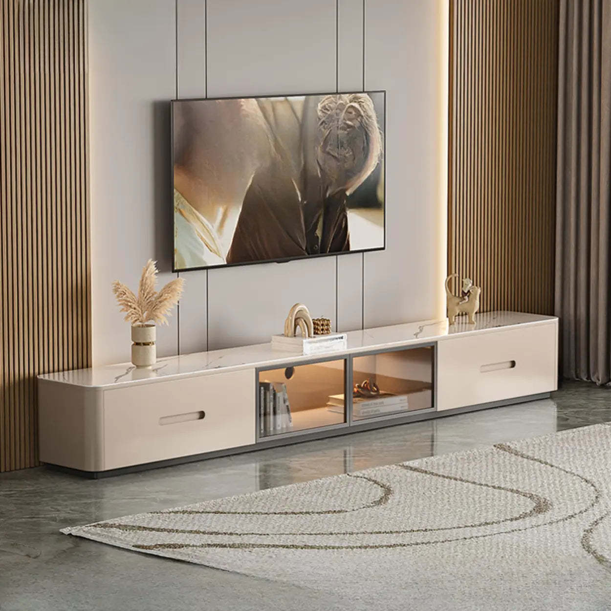 Modern Marble-Wood TV Stand with LED — Khaki/ Gray