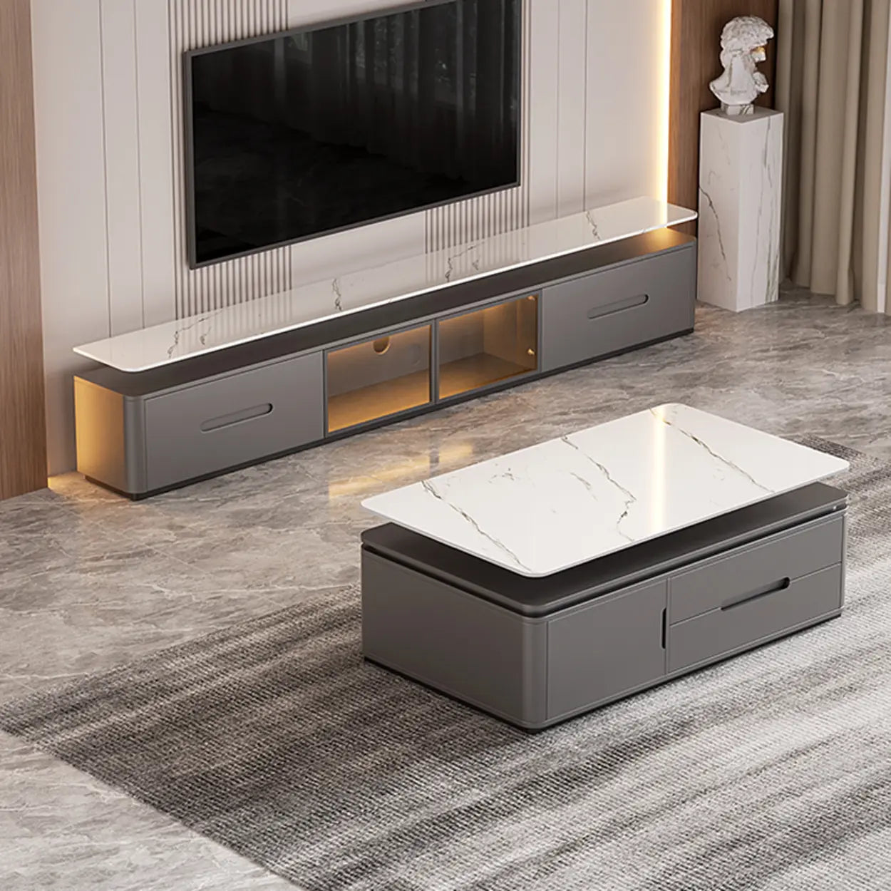 Modern Marble-Wood TV Stand with LED — White-Gray