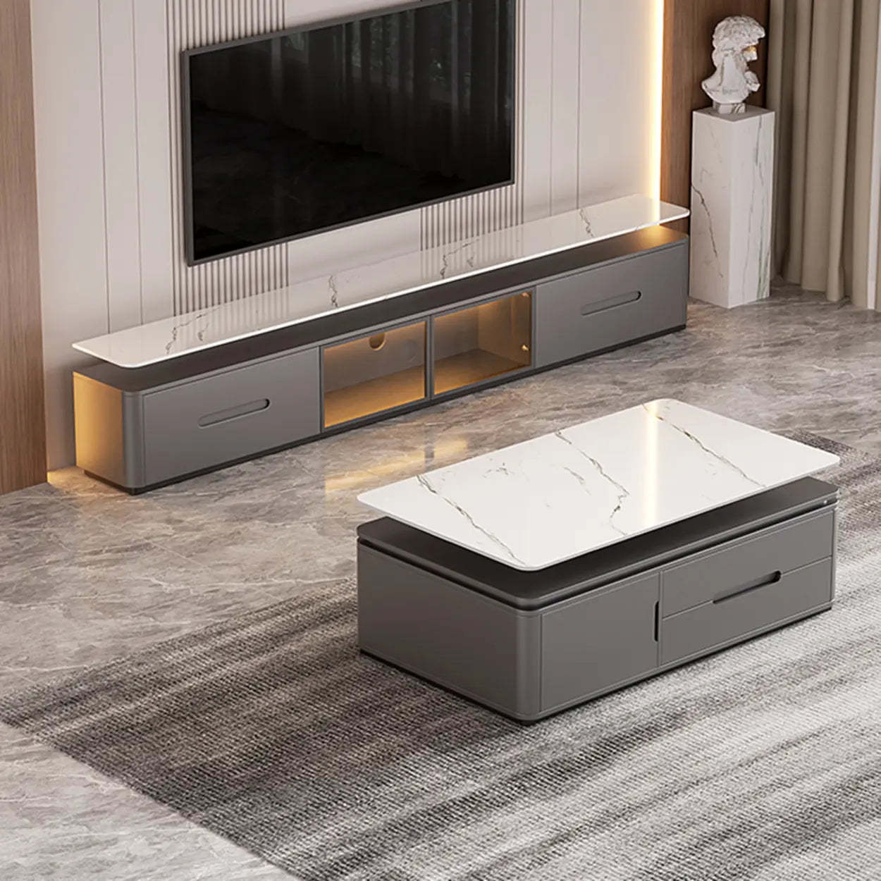 Modern Marble-Wood TV Stand with LED — White-Gray