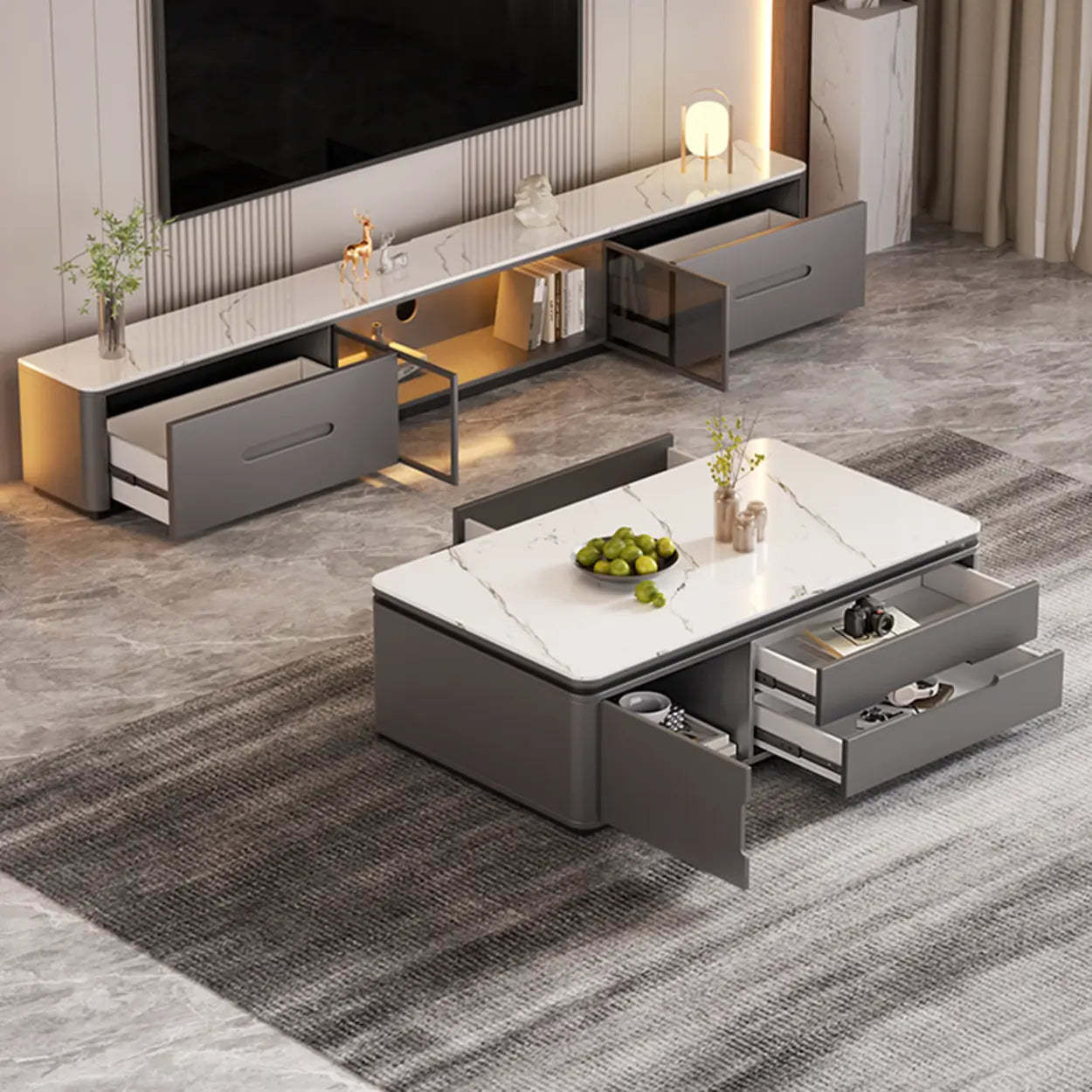 Modern Marble-Wood TV Stand with LED — Khaki/ Gray