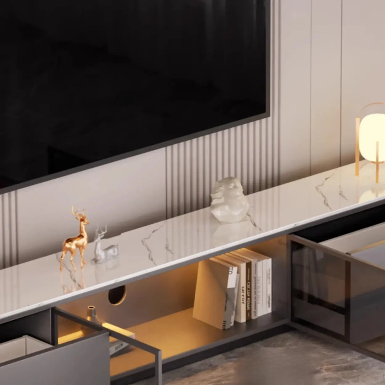 Modern Marble-Wood TV Stand with LED — White-Gray