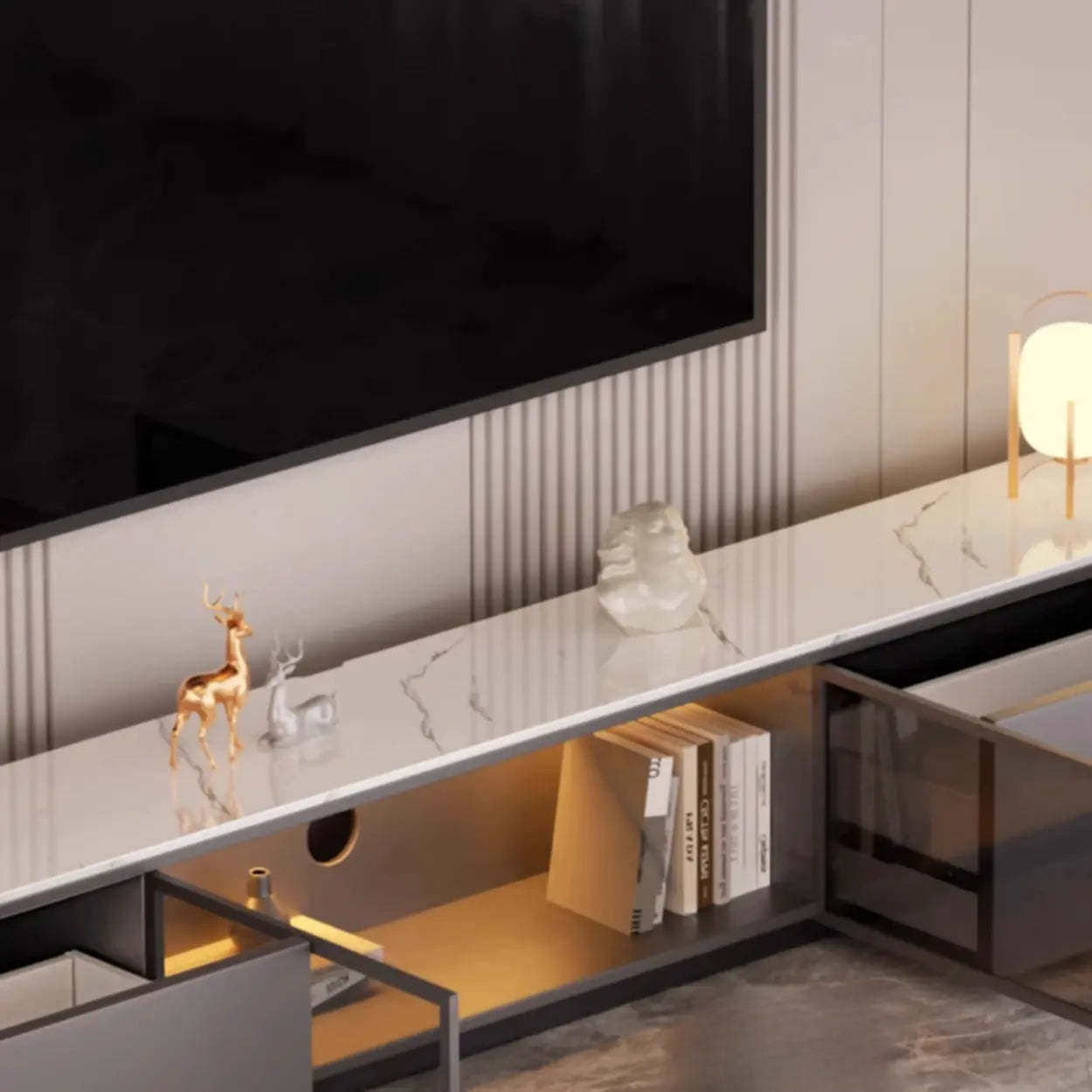 Modern Marble-Wood TV Stand with LED — White-Gray