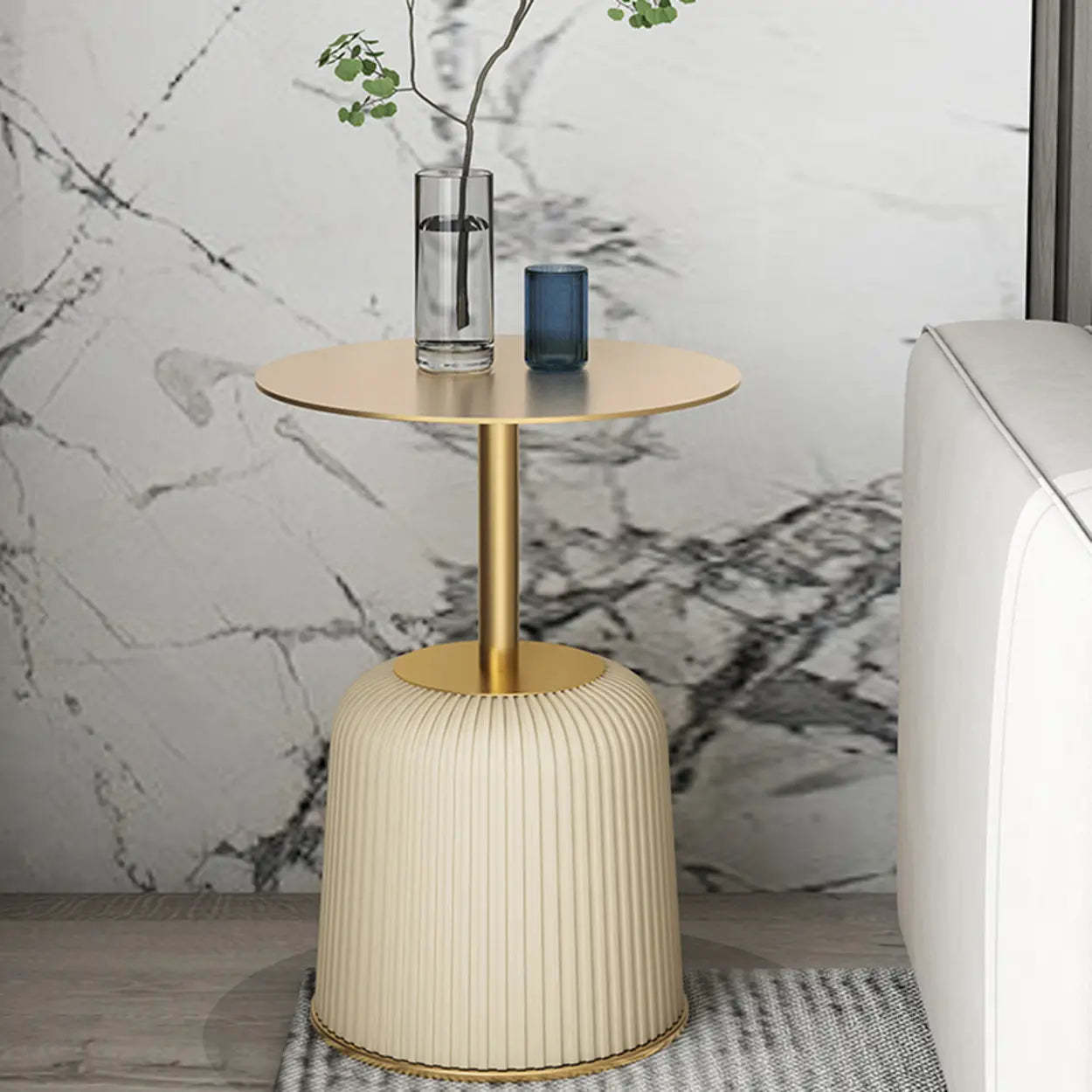 Modern Metal Marble Top Ribbed Side Table