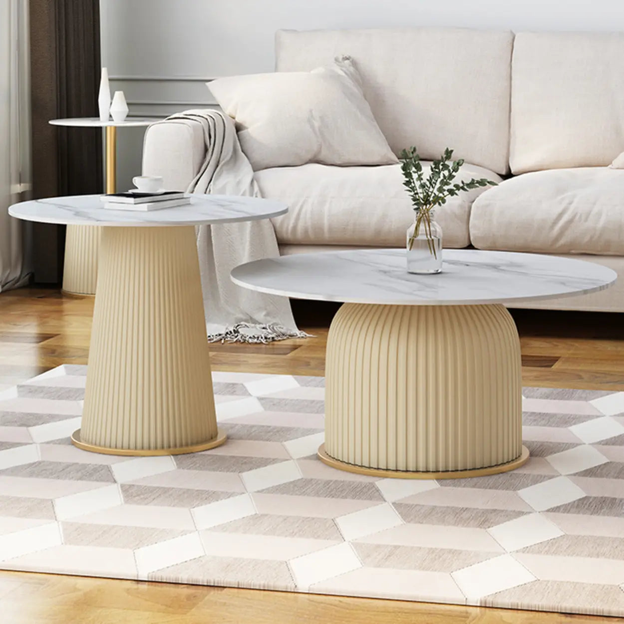 Modern Metal Marble Top Ribbed Side Table