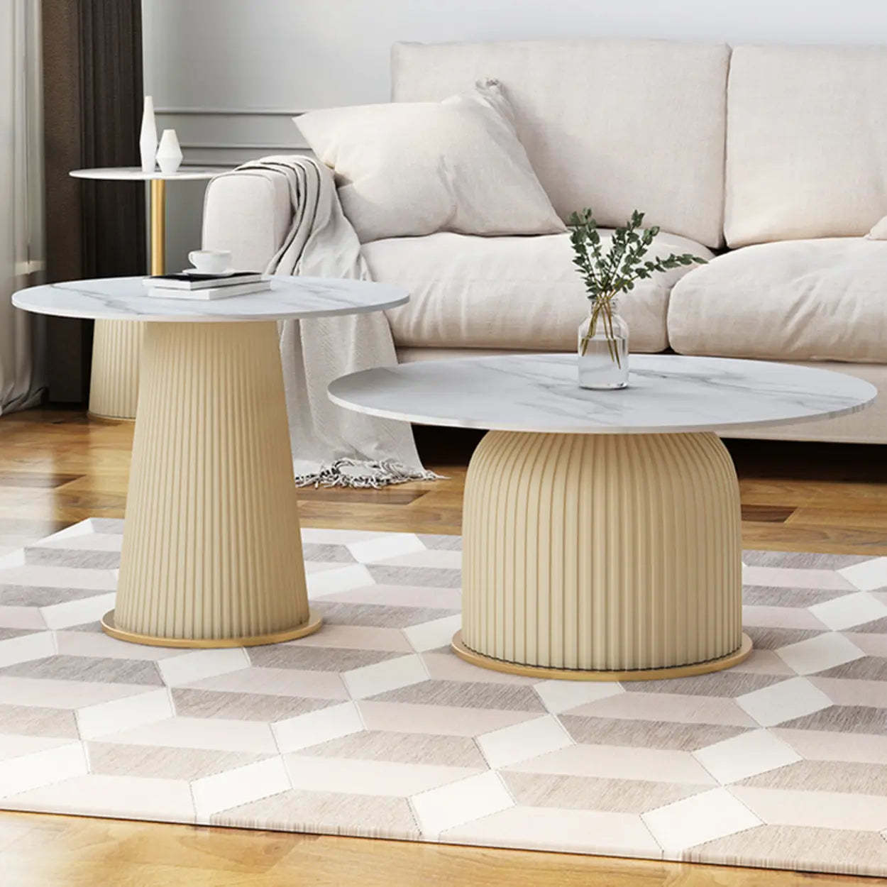 Modern Metal Marble Top Ribbed Side Table