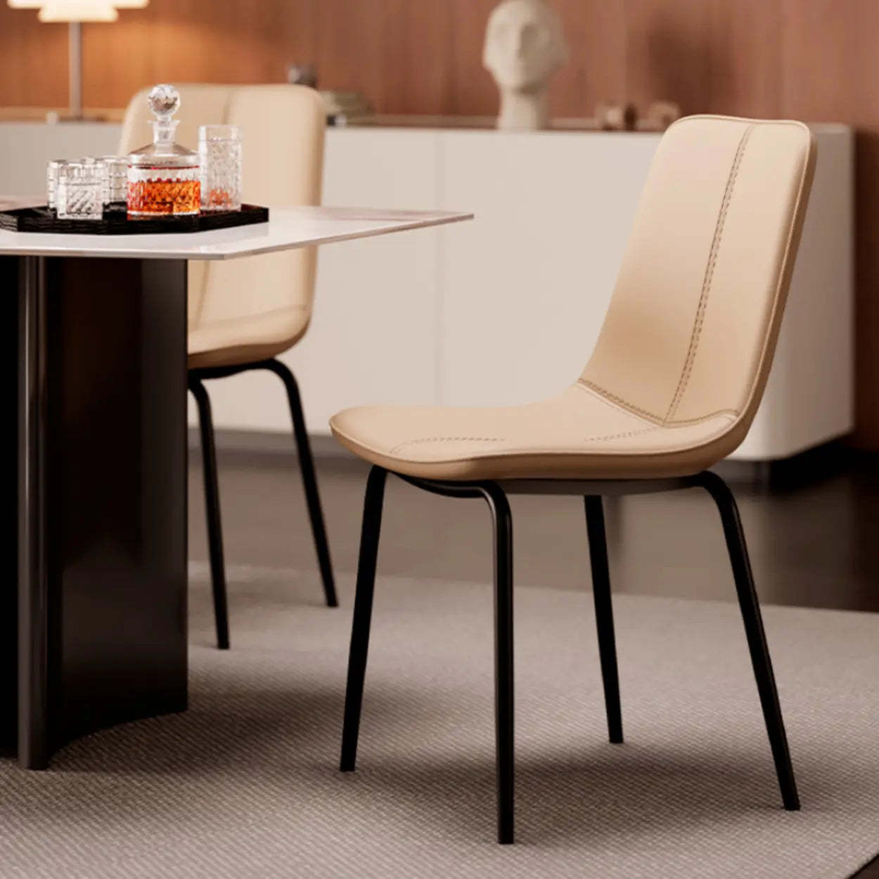 Minimalist Beige Leather Dining Chair — Black