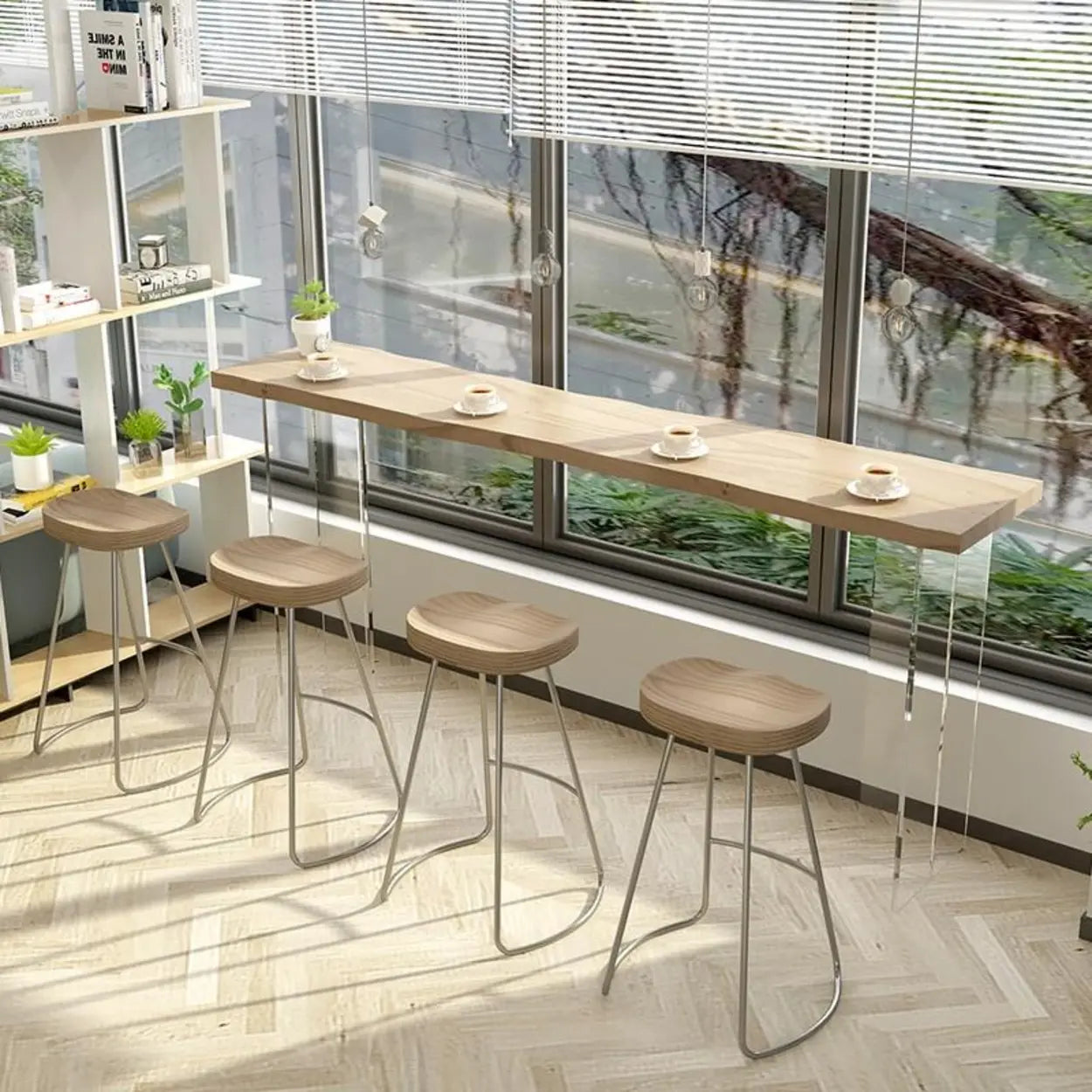Minimalist Clear Acrylic Pedestal Wood Bar Table — Table Only