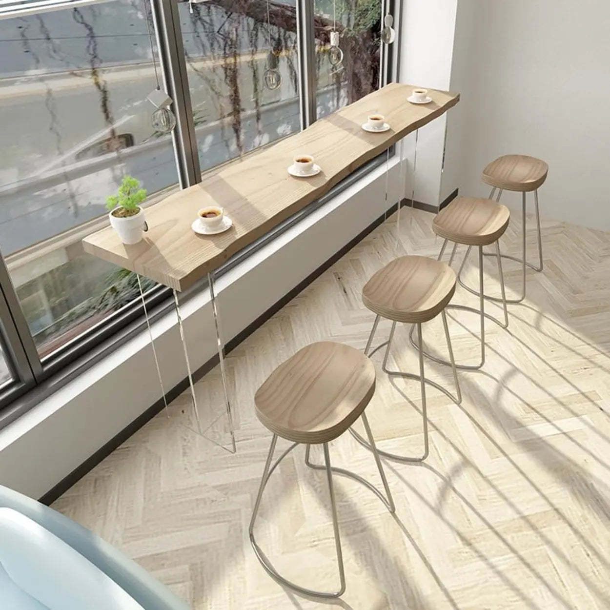 Minimalist Clear Acrylic Pedestal Wood Bar Table — Table Only