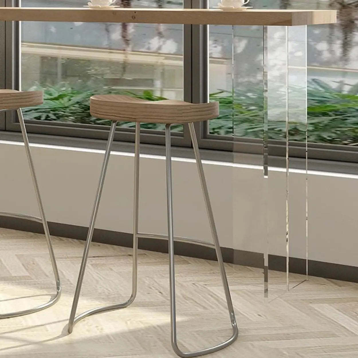 Minimalist Clear Acrylic Pedestal Wood Bar Table — Table Only
