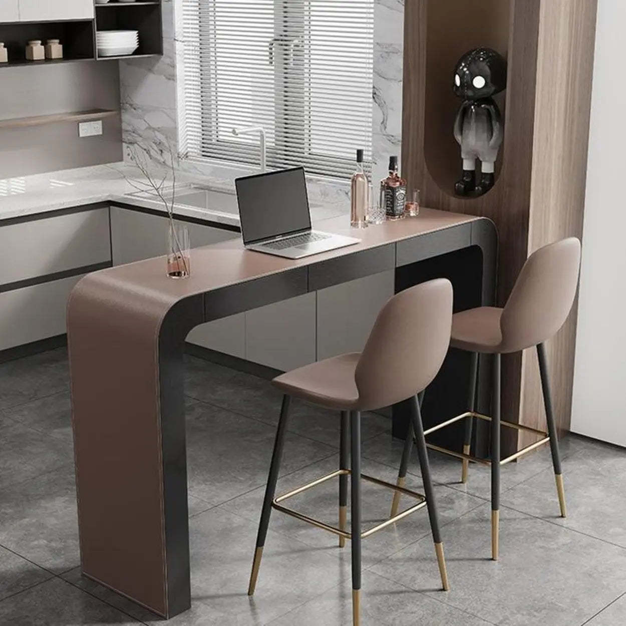 Minimalist Curved Wood Counter Height Bar Table — Table Only