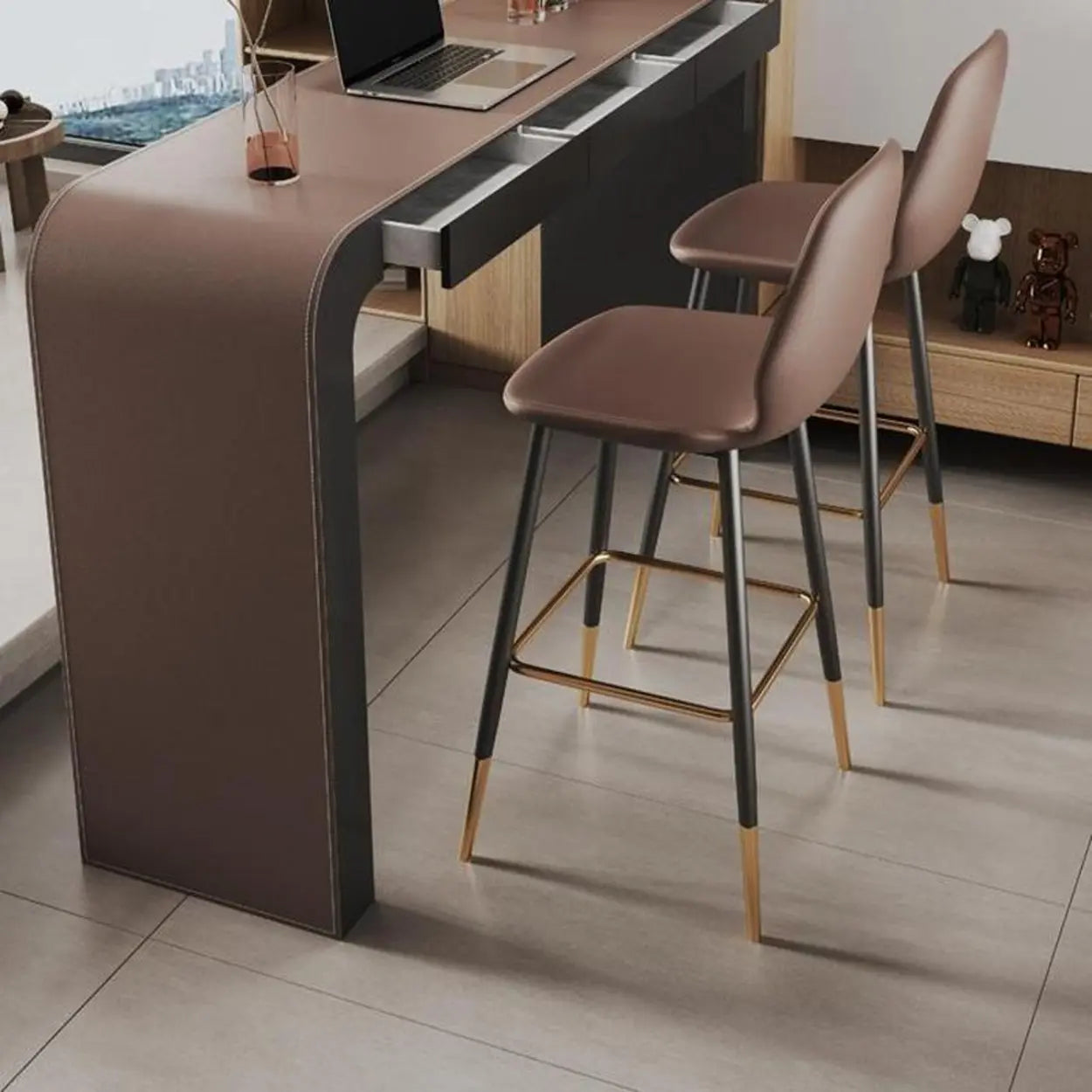 Minimalist Curved Wood Counter Height Bar Table — Table Only