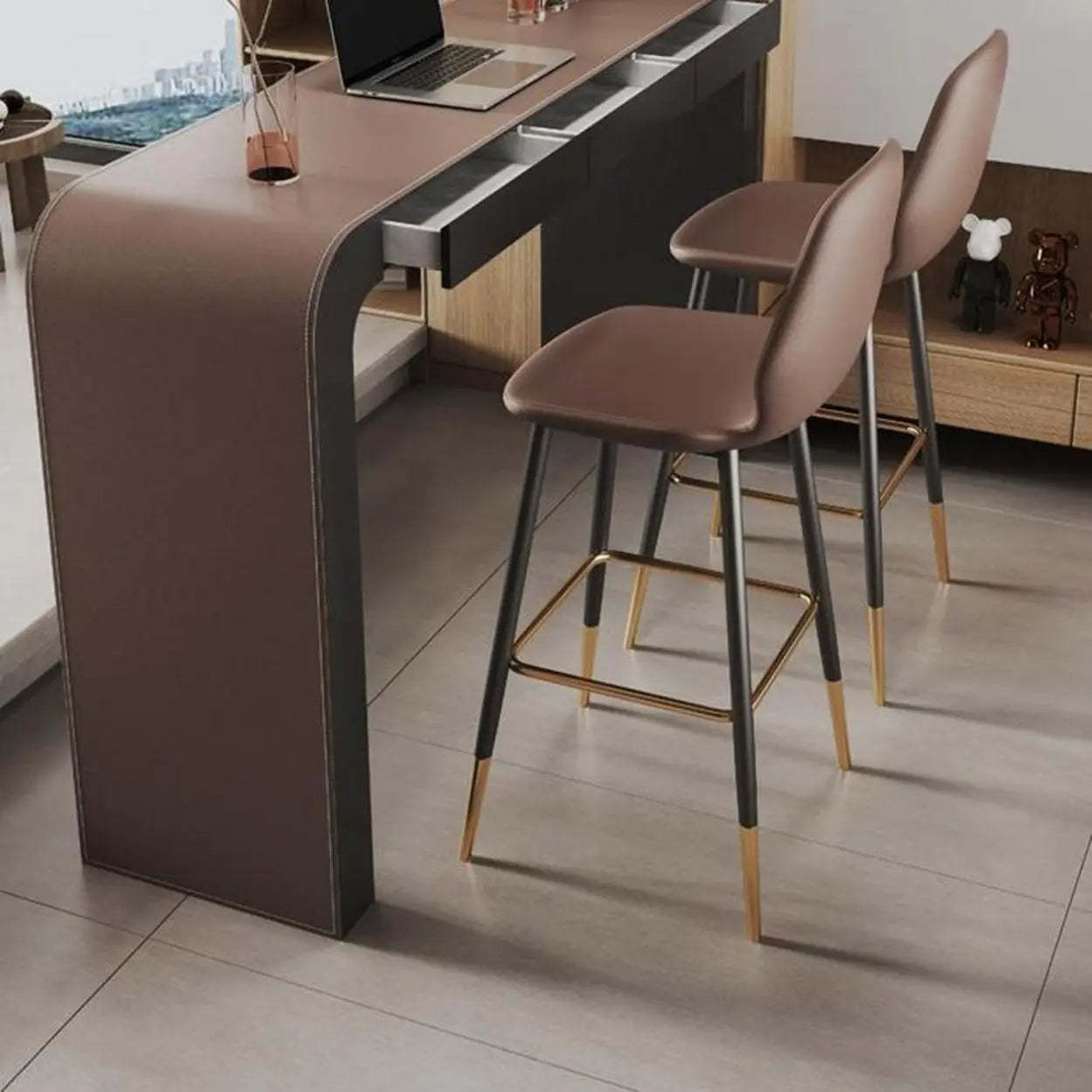 Minimalist Curved Wood Counter Height Bar Table — Table Only