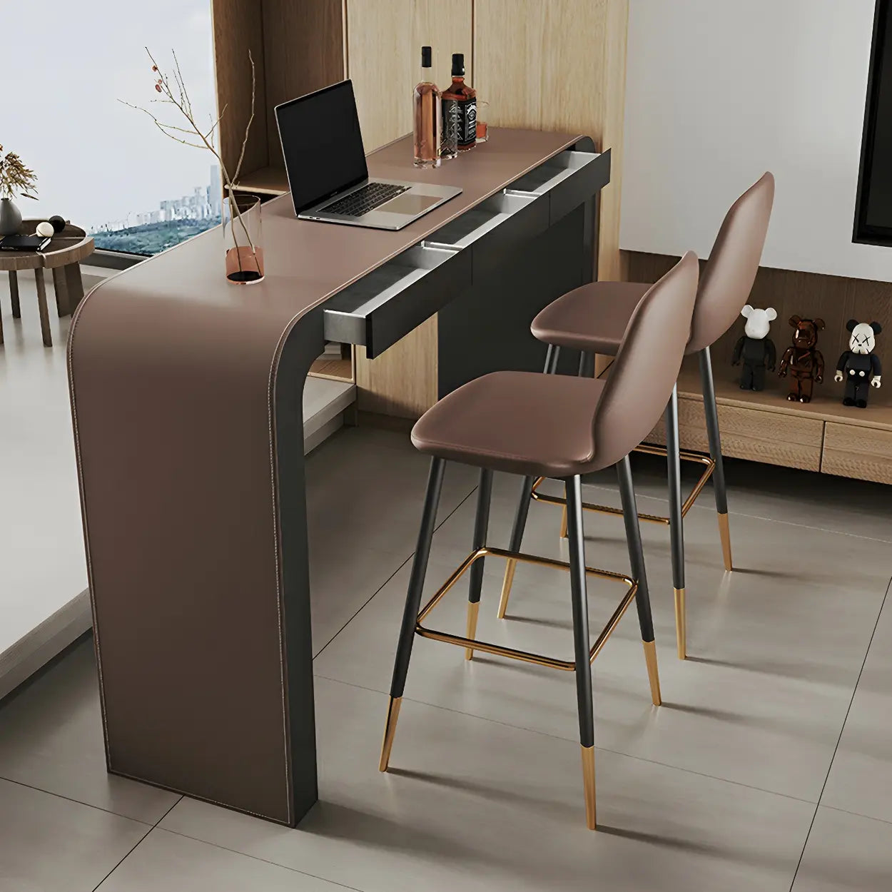 Minimalist Curved Wood Counter Height Bar Table — Table Only