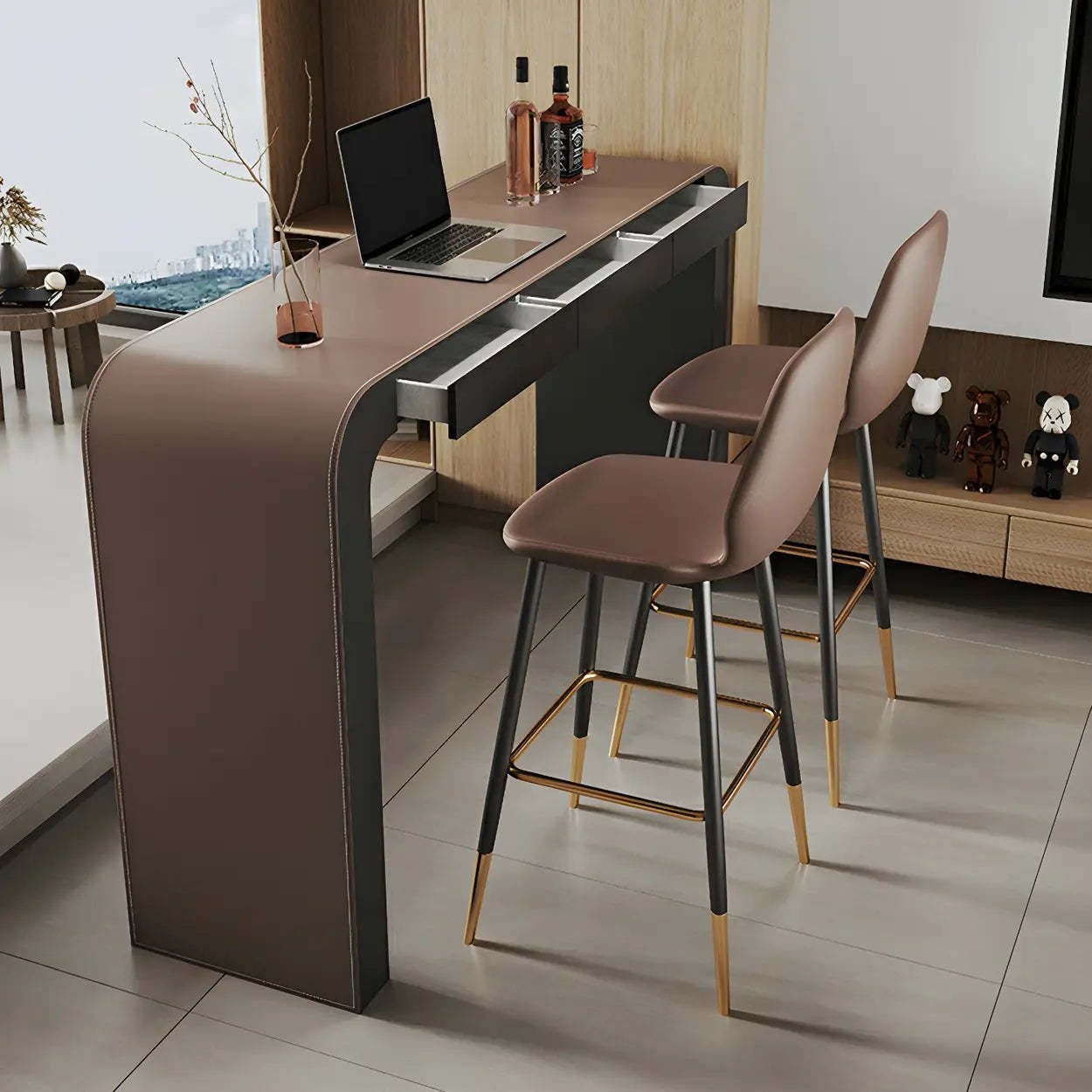Minimalist Curved Wood Counter Height Bar Table — Table Only