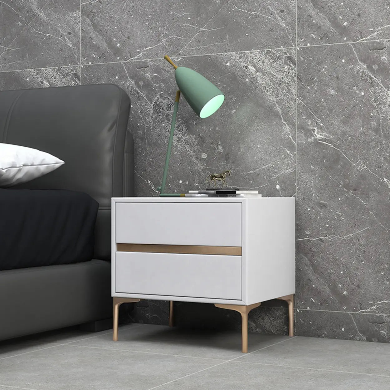 Minimalist Gray Nightstand with Gold Legs — White
