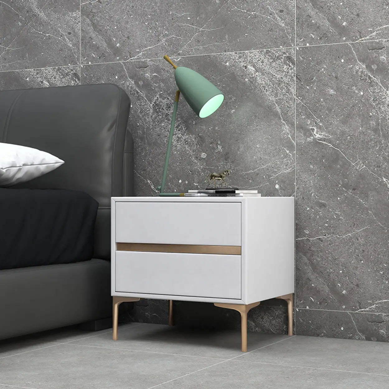 Minimalist Gray Nightstand with Gold Legs — White