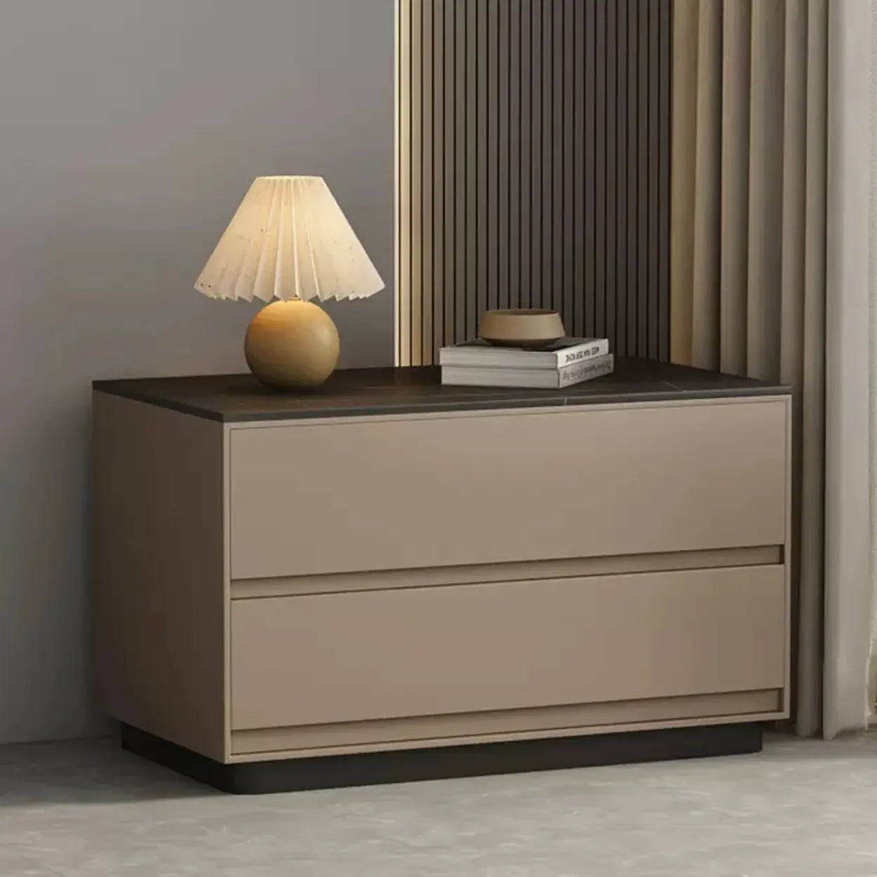 Minimalist Matte Black Nightstand with Drawers — Light Coffee