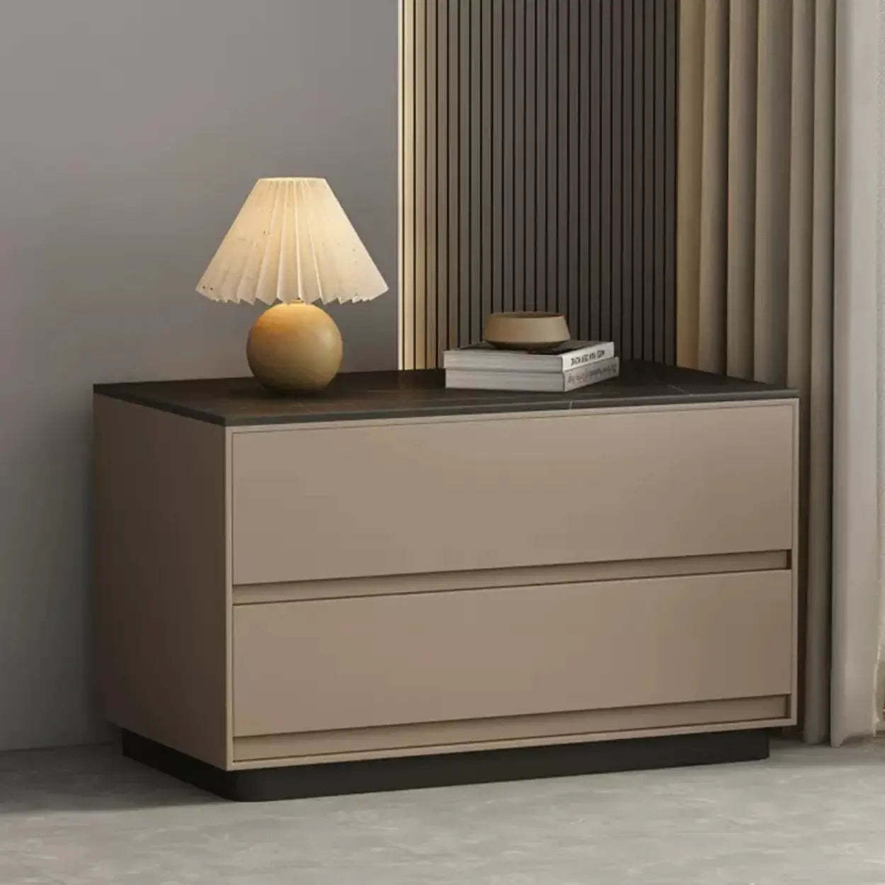 Minimalist Matte Black Nightstand with Drawers — Light Coffee