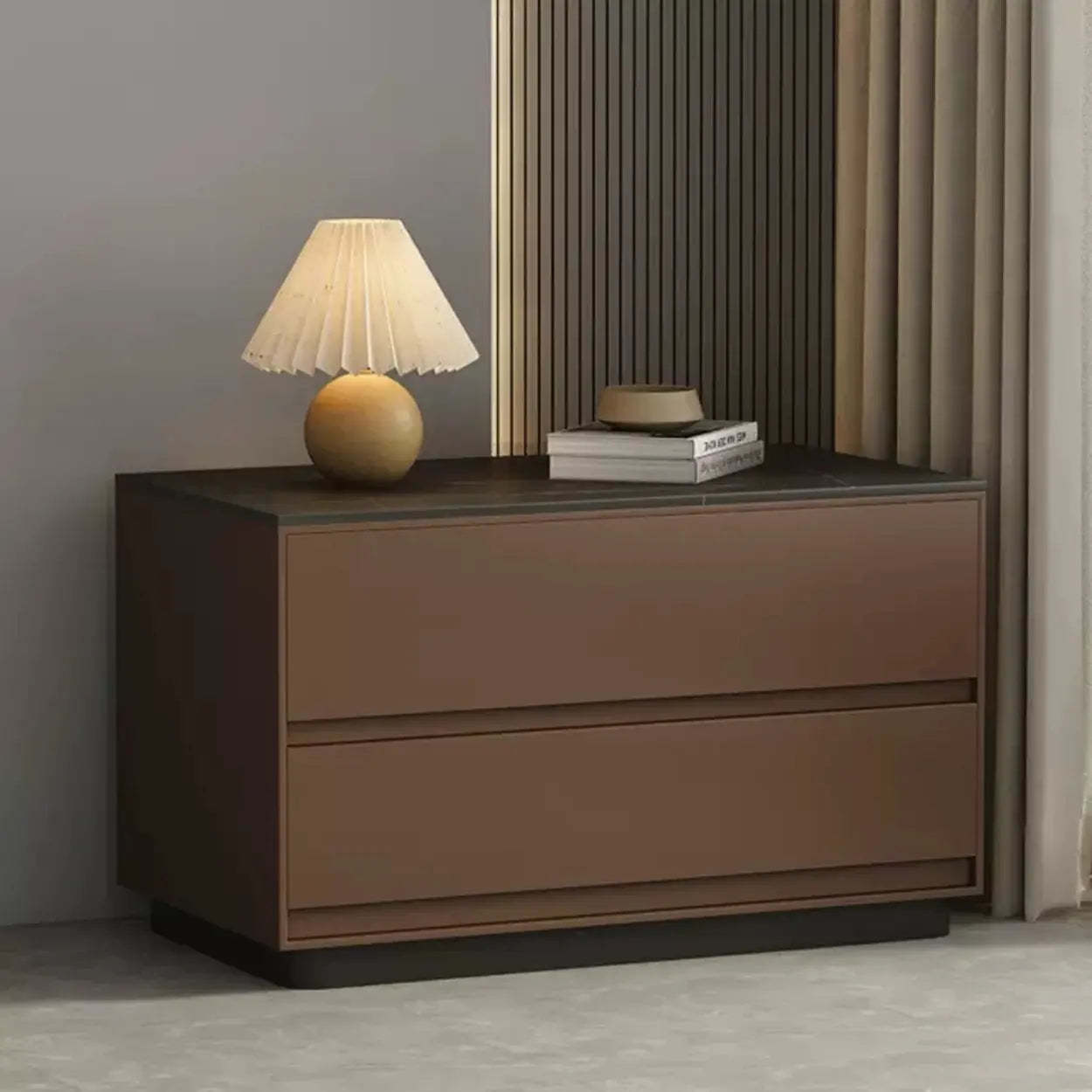 Minimalist Matte Black Nightstand with Drawers — Light Coffee