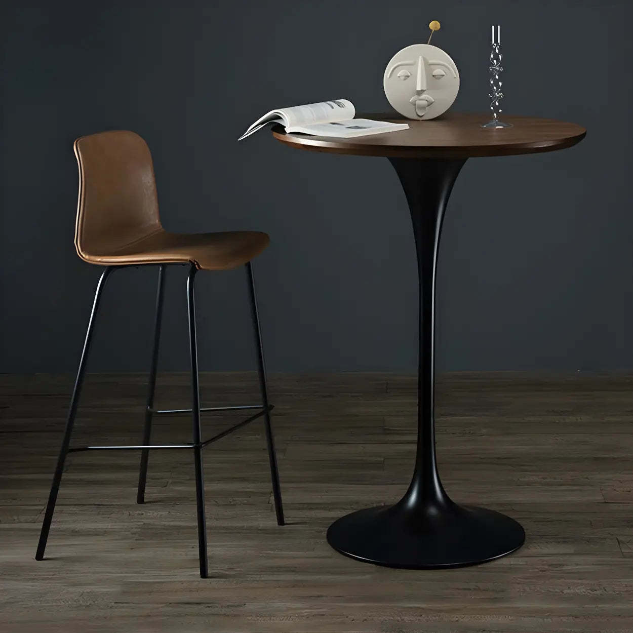 Minimalist Small Round Pedestal Bar Table — Walnut/ Black / Table Only