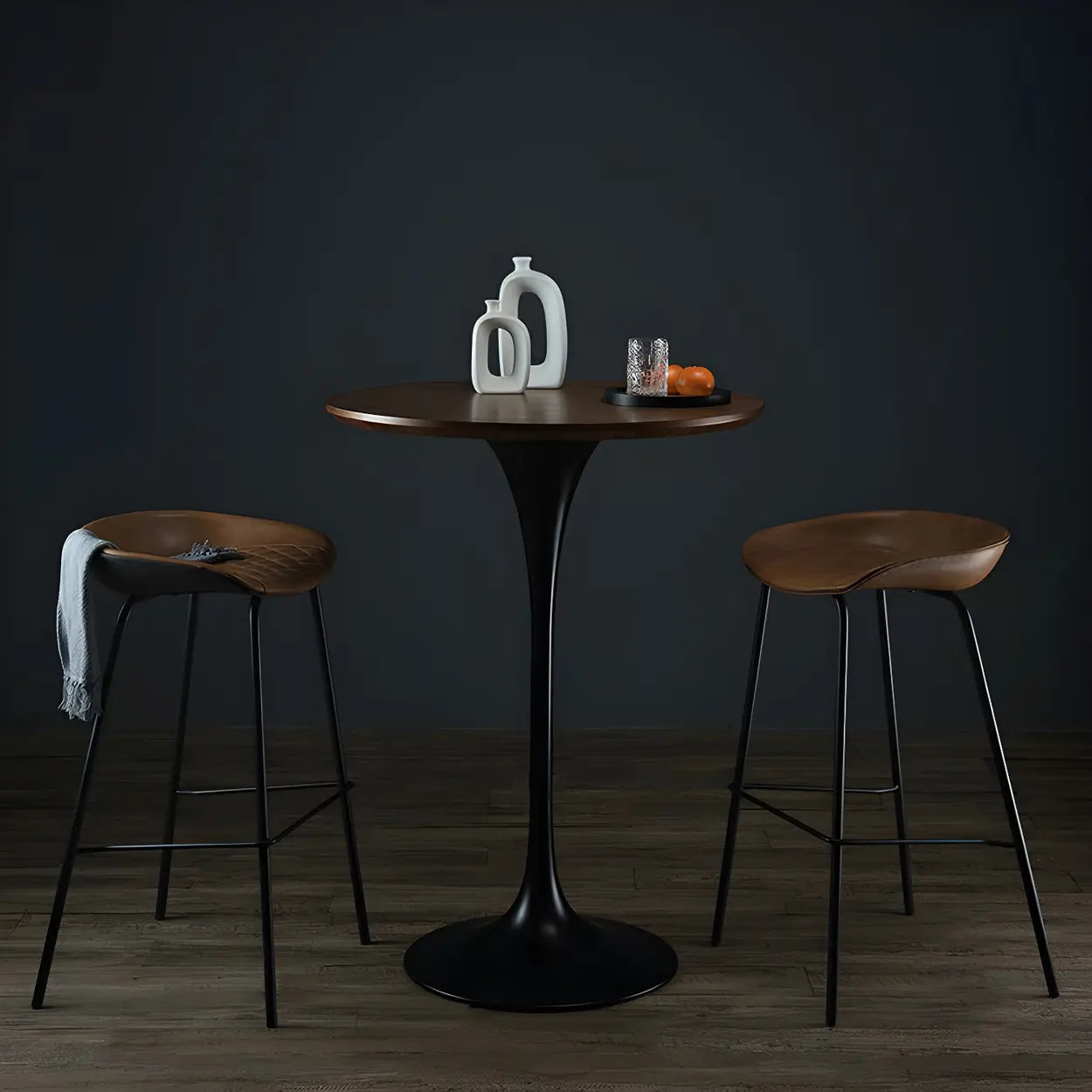 Minimalist Small Round Pedestal Bar Table — Walnut/ Black / Table Only