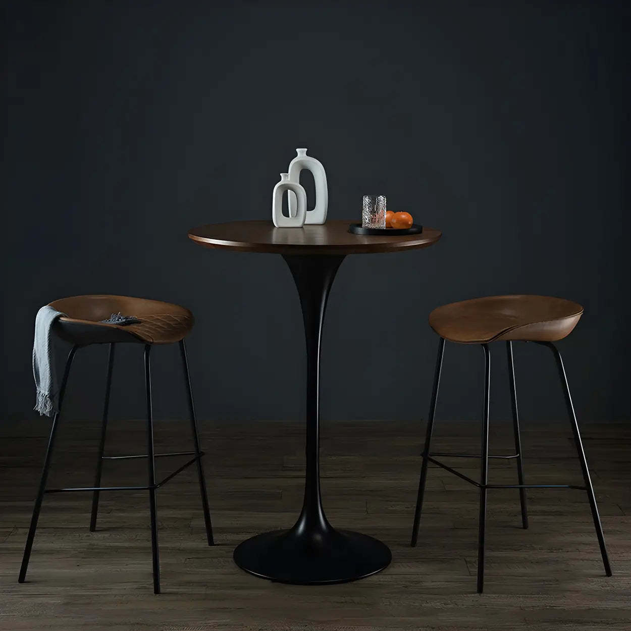 Minimalist Small Round Pedestal Bar Table — Walnut/ Black / Table Only