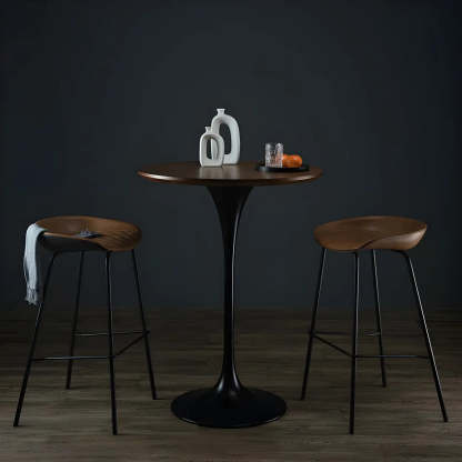 Minimalist Small Round Pedestal Bar Table — Walnut/ Black / Table Only