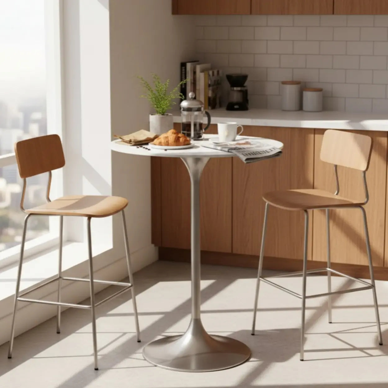 Minimalist Small Round Stone Bistro Bar Table — Gloss White / Table Only
