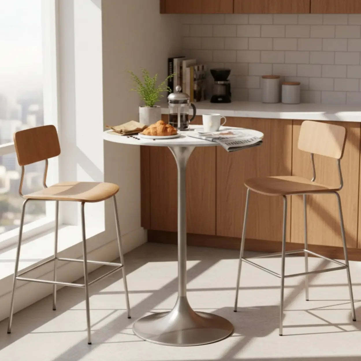 Minimalist Small Round Stone Bistro Bar Table — Gloss White / Table Only