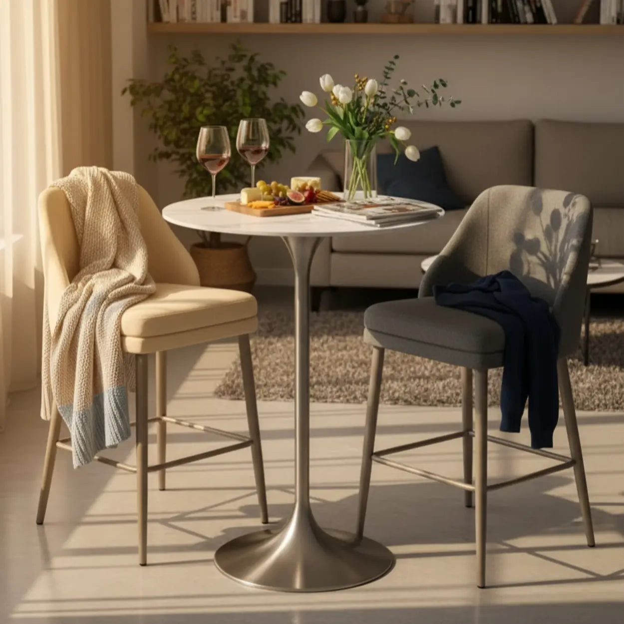 Minimalist Small Round Stone Bistro Bar Table — Gloss White / Table Only