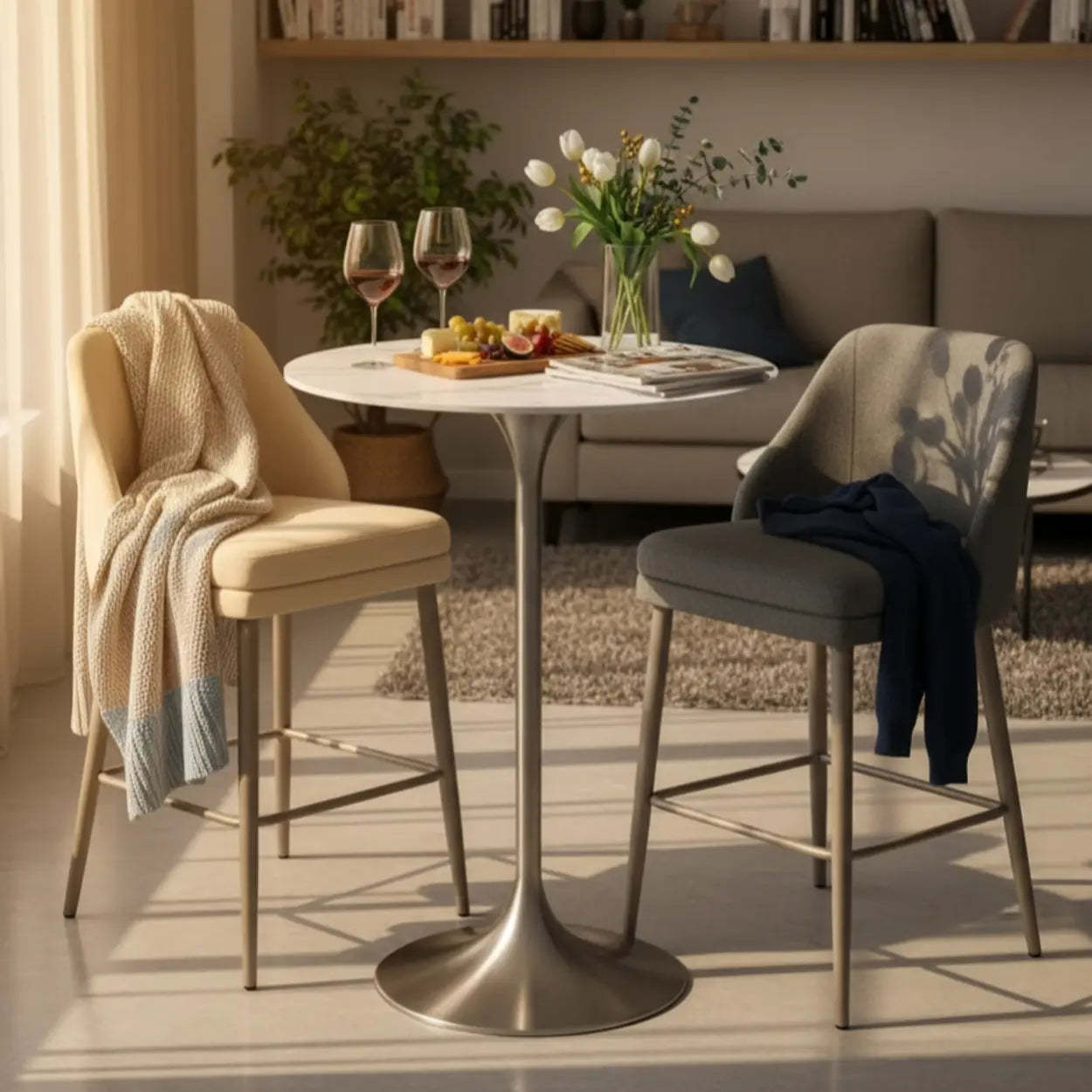 Minimalist Small Round Stone Bistro Bar Table — Gloss White / Table Only