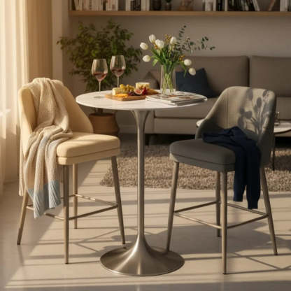 Minimalist Small Round Stone Bistro Bar Table — Gloss White / Table Only