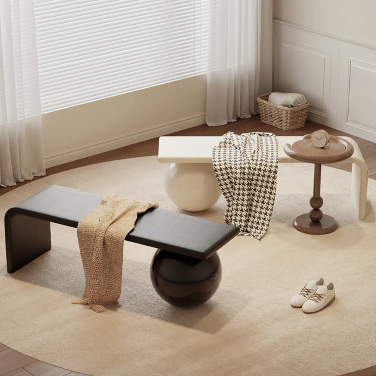 Minimalist Sphere Leg Bench Set — Gloss Black