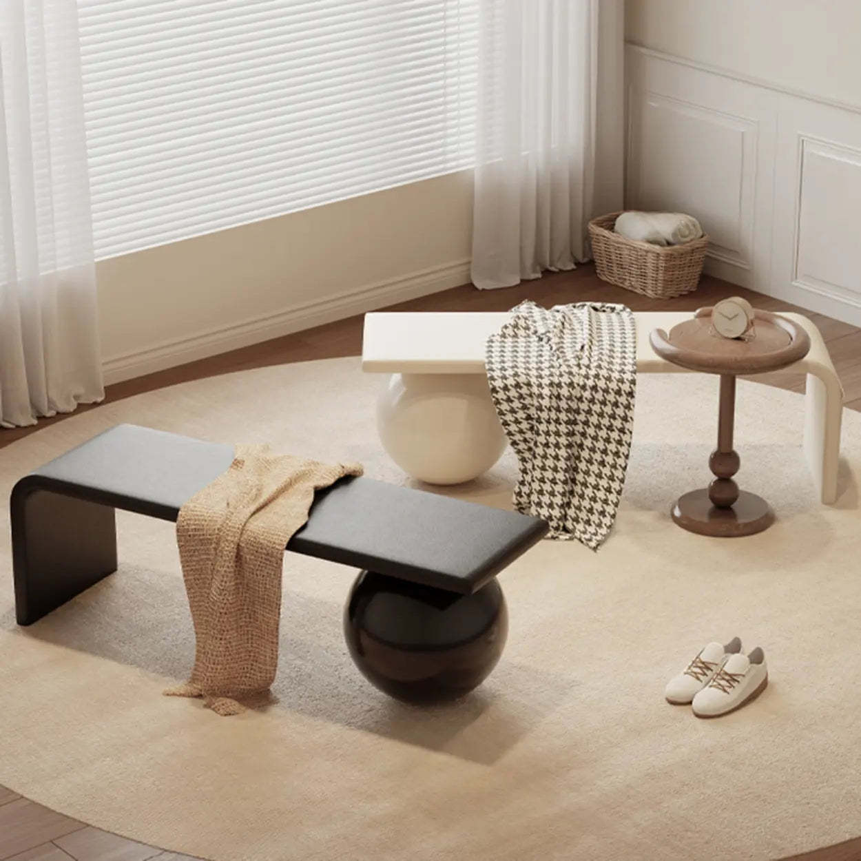 Minimalist Sphere Leg Bench Set — Gloss Black