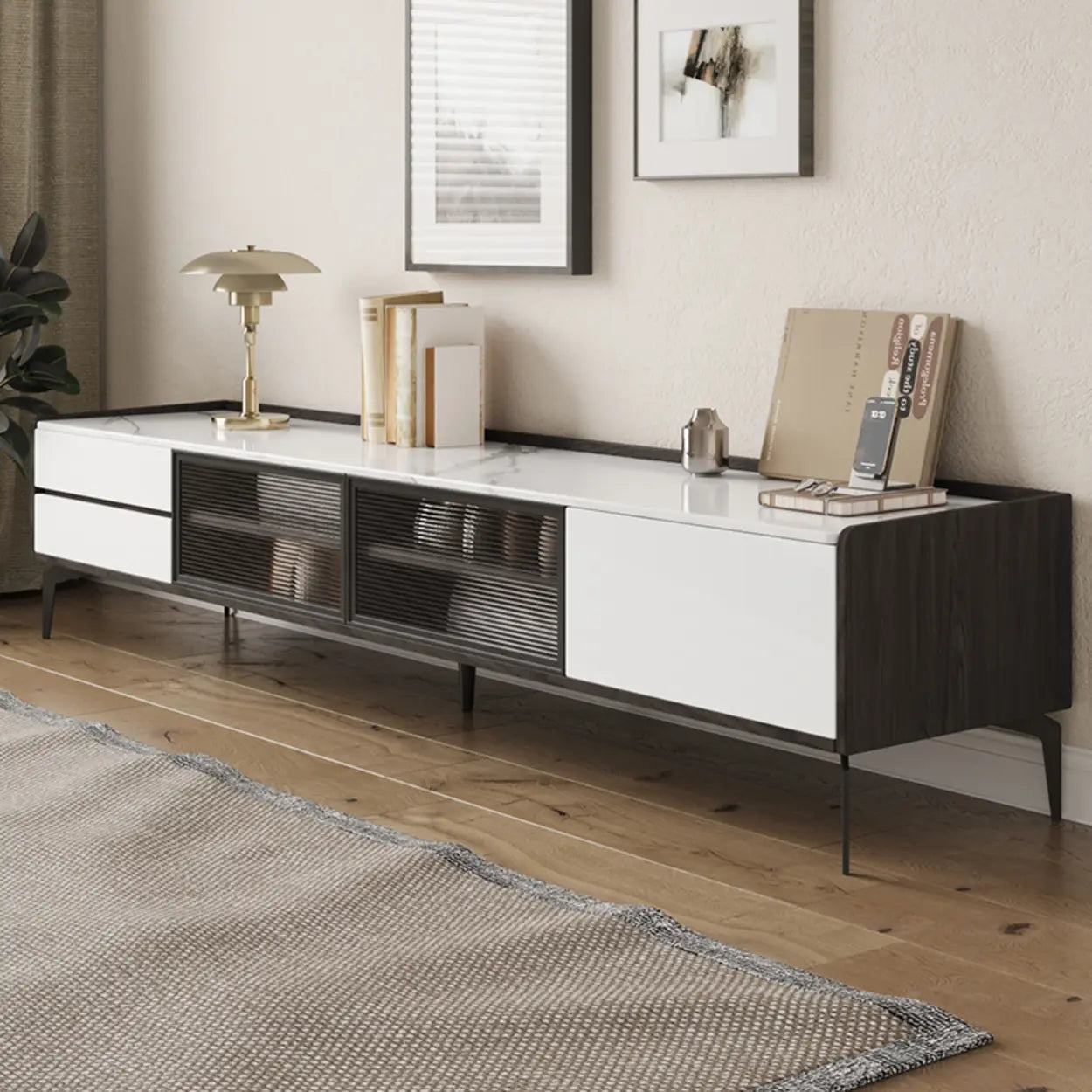 Minimalist Marble Top TV Stand with Drawers — Brown-White-Grey