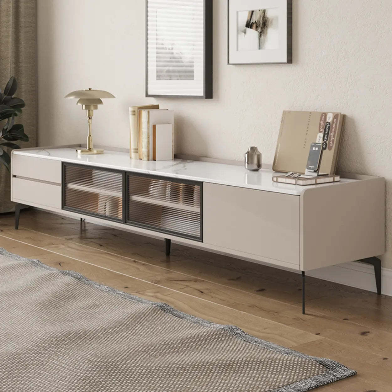 Minimalist Marble Top TV Stand with Drawers — White-Gray