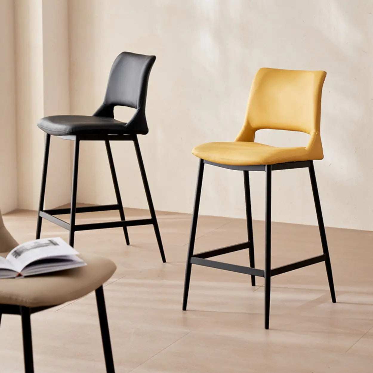 Minimalist Upholstered Low-Back Leather Saddle Bar Stool — Brown