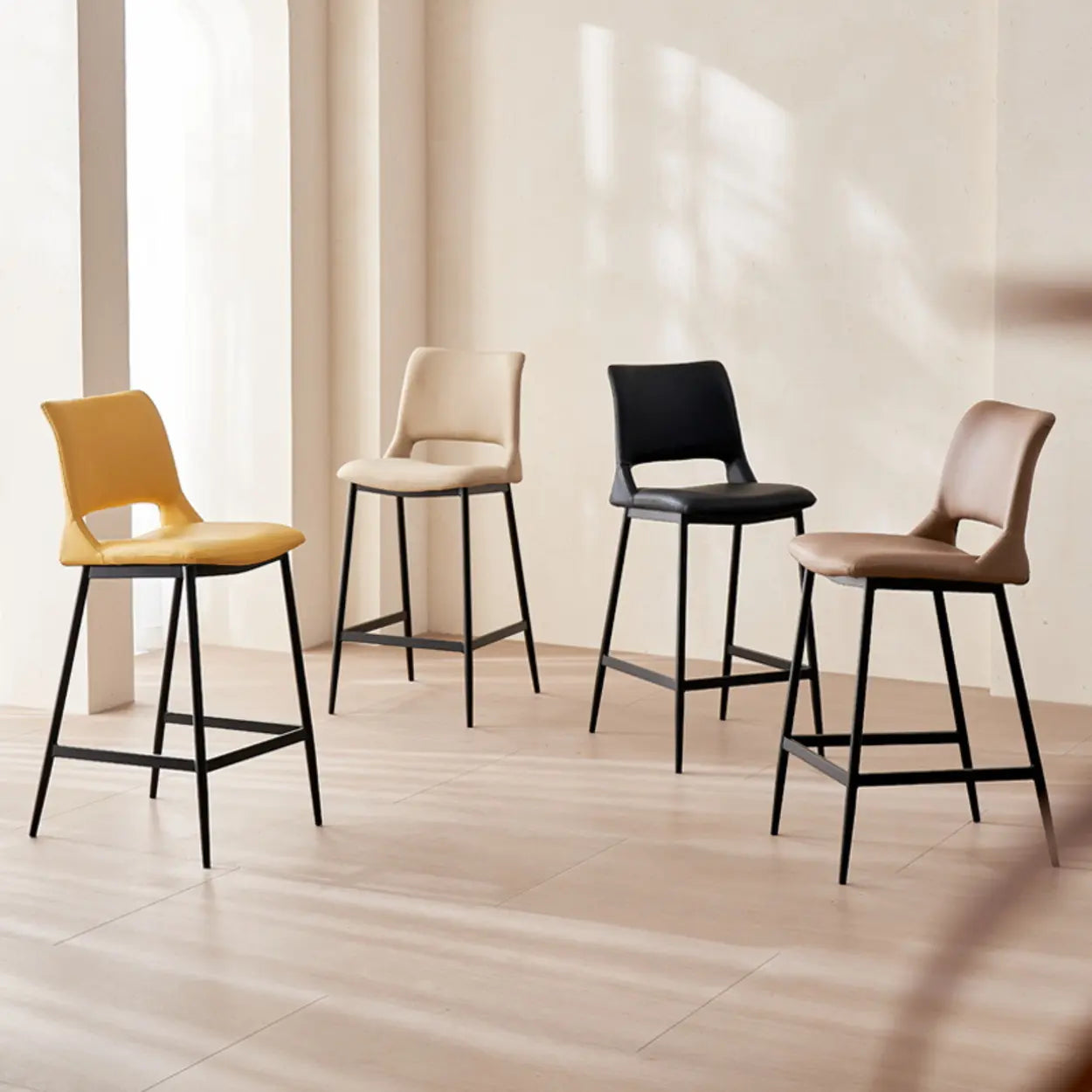 Minimalist Upholstered Low-Back Leather Saddle Bar Stool — Black