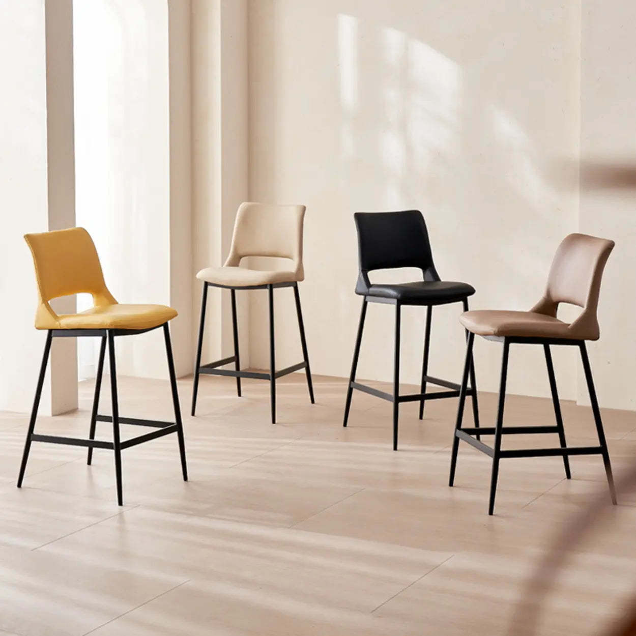 Minimalist Upholstered Low-Back Leather Saddle Bar Stool — Black