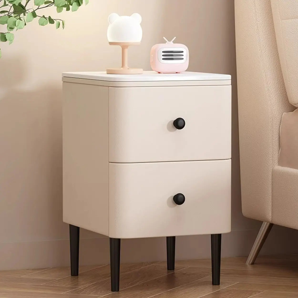 Minimalist White Marble Top Nightstand with Drawers — White