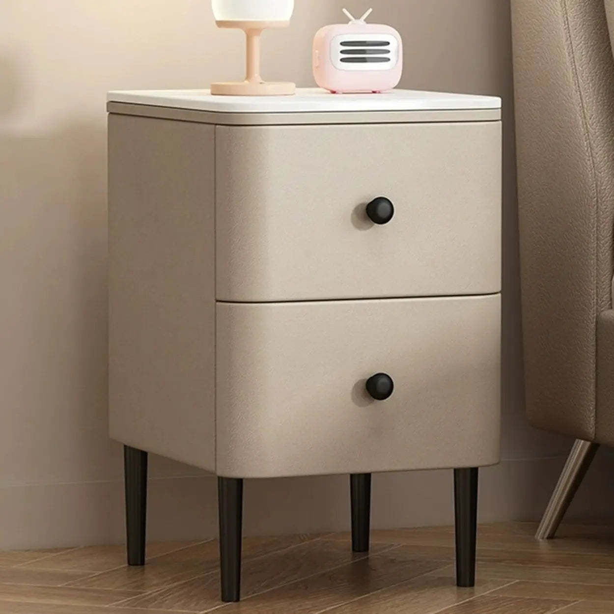 Minimalist White Marble Top Nightstand with Drawers — Champagne