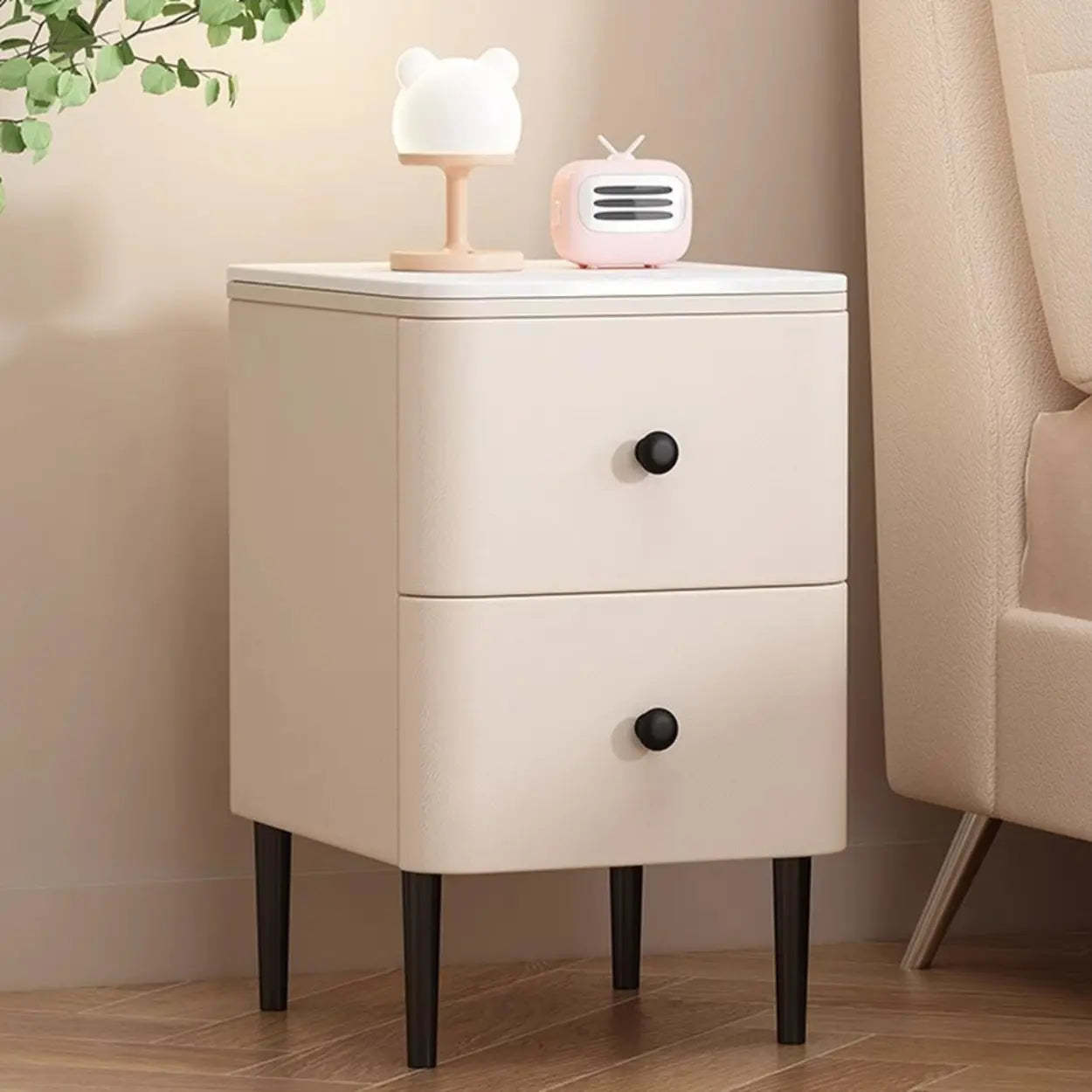 Minimalist White Marble Top Nightstand with Drawers — White