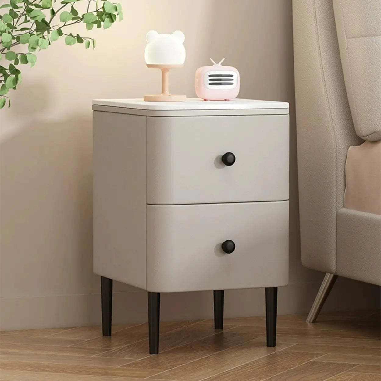 Minimalist White Marble Top Nightstand with Drawers — Champagne